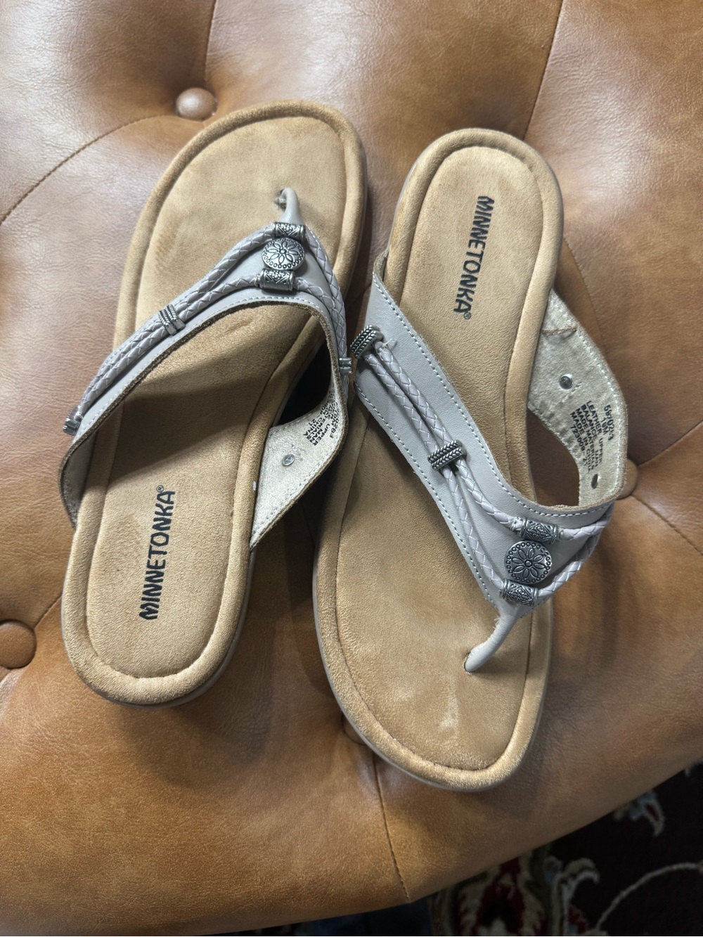 Minnetonka Taupe Leather Braided Thong Sandals with Silver Conchos